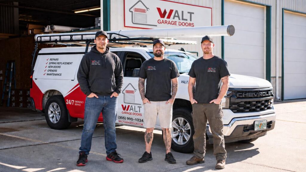 Three WALT Garage Doors team members standing in front of a branded service truck